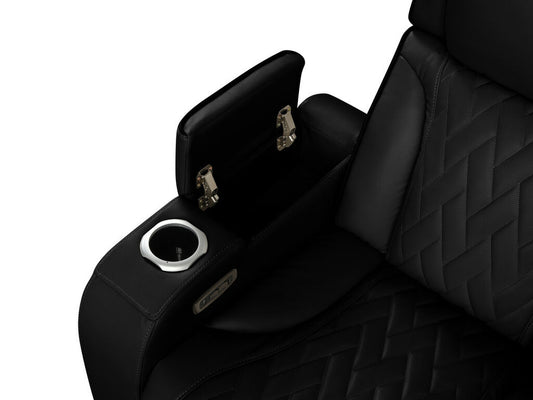 JAZMIN 117"W Black Leather Aire Transformer Power Reclining Sectional Sofa with Power Headrest, Bluetooth Speakers, LED Lights, USB Ports, Storage & Cupholders