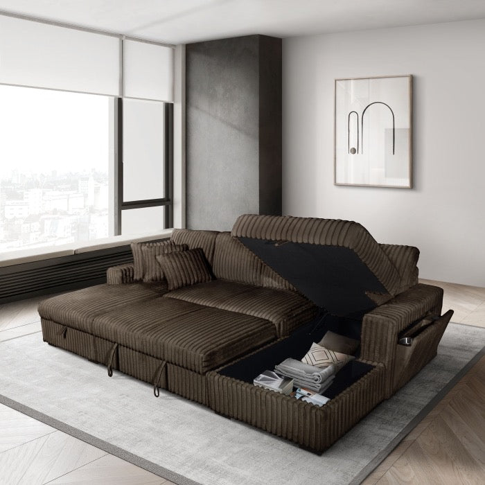 Corduroy U-Shaped Pull Out Sectional Sofa w/ Storage Chaises w/ USB + Pillows