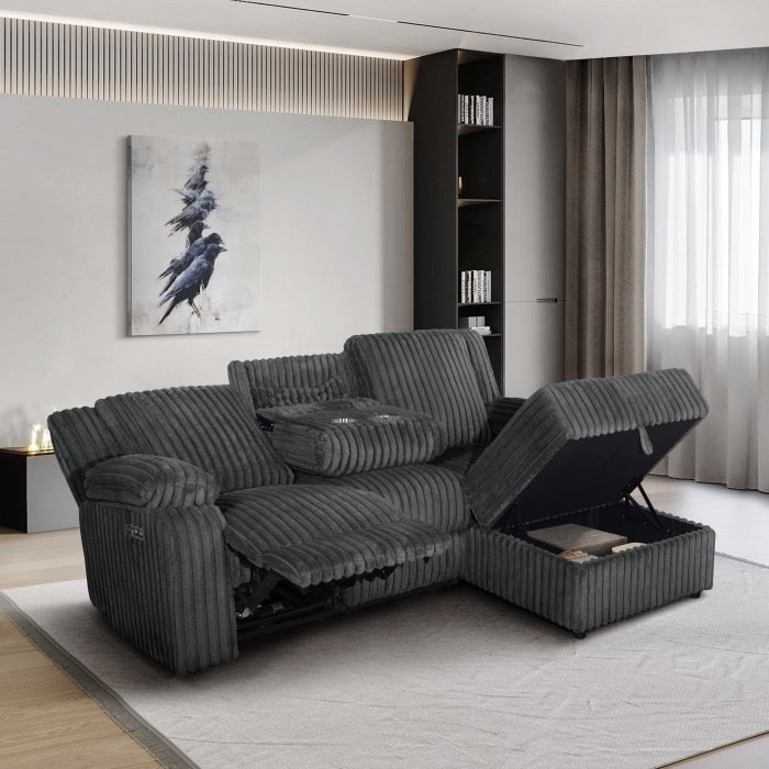 Power Recliner Sectional Sofa & Storage Chaise w/ USB + Drop Down Tray