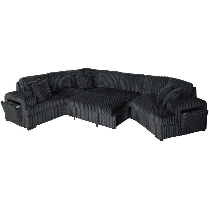 Fabric Half U-Shaped Pull Out Sectional Sofa w/ Storage Armrest w/ USB + Pillows