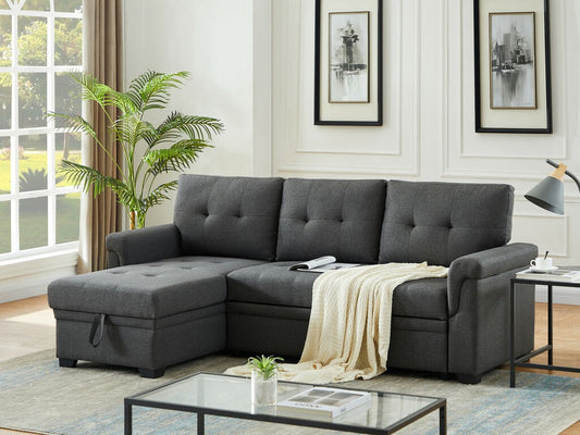 Lucca 84"W Dark Gray Linen Reversible Sleeper Sectional Sofa with Storage Chaise