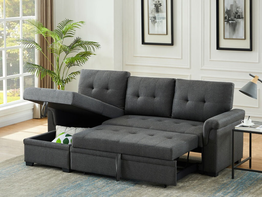Lucca 84"W Dark Gray Linen Reversible Sleeper Sectional Sofa with Storage Chaise