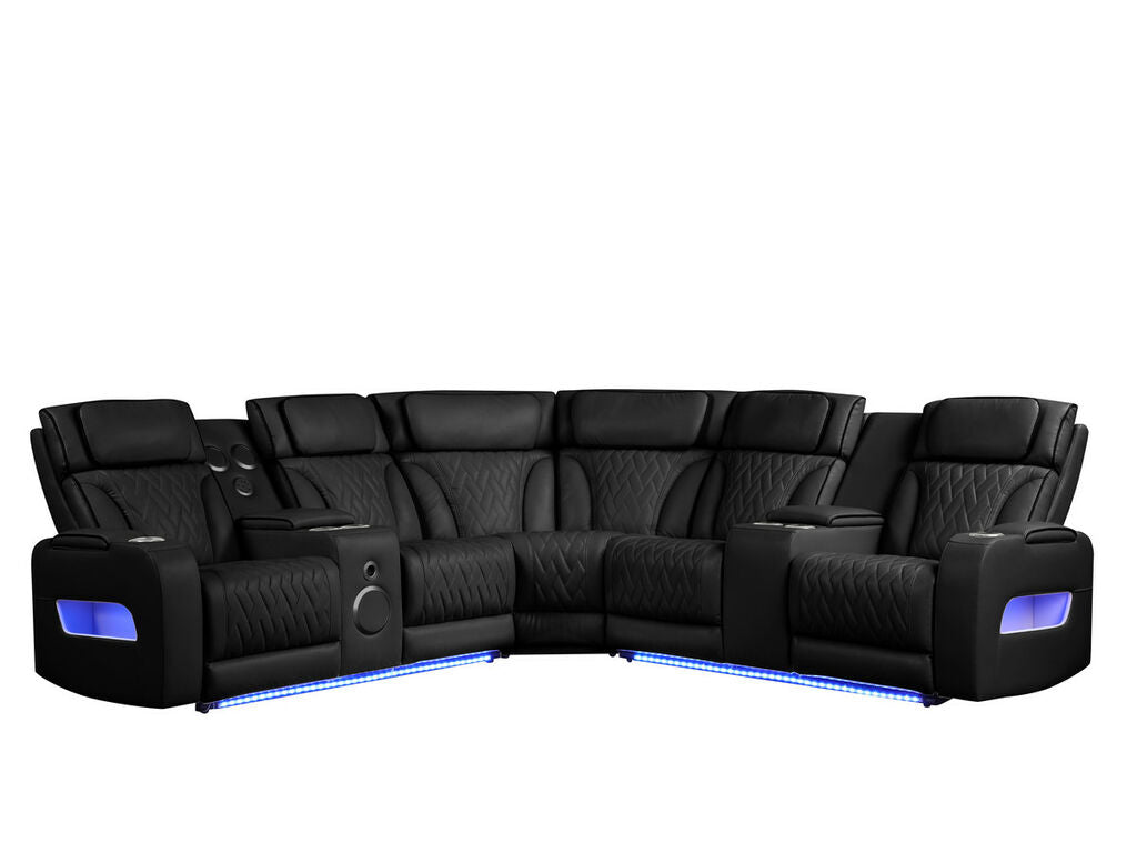 JAZMIN 117"W Black Leather Aire Transformer Power Reclining Sectional Sofa with Power Headrest, Bluetooth Speakers, LED Lights, USB Ports, Storage & Cupholders