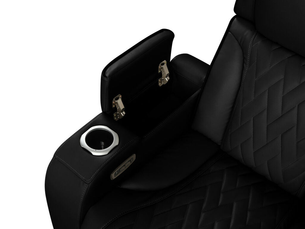 JAZMIN 117"W Black Leather Aire Transformer Power Reclining Sectional Sofa with Power Headrest, Bluetooth Speakers, LED Lights, USB Ports, Storage & Cupholders