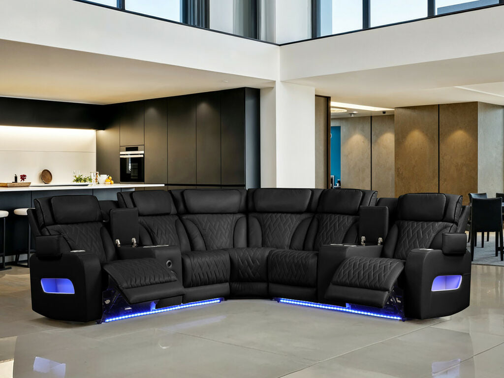 JAZMIN 117"W Black Leather Aire Transformer Power Reclining Sectional Sofa with Power Headrest, Bluetooth Speakers, LED Lights, USB Ports, Storage & Cupholders
