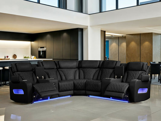 JAZMIN 117"W Black Leather Aire Transformer Power Reclining Sectional Sofa with Power Headrest, Bluetooth Speakers, LED Lights, USB Ports, Storage & Cupholders