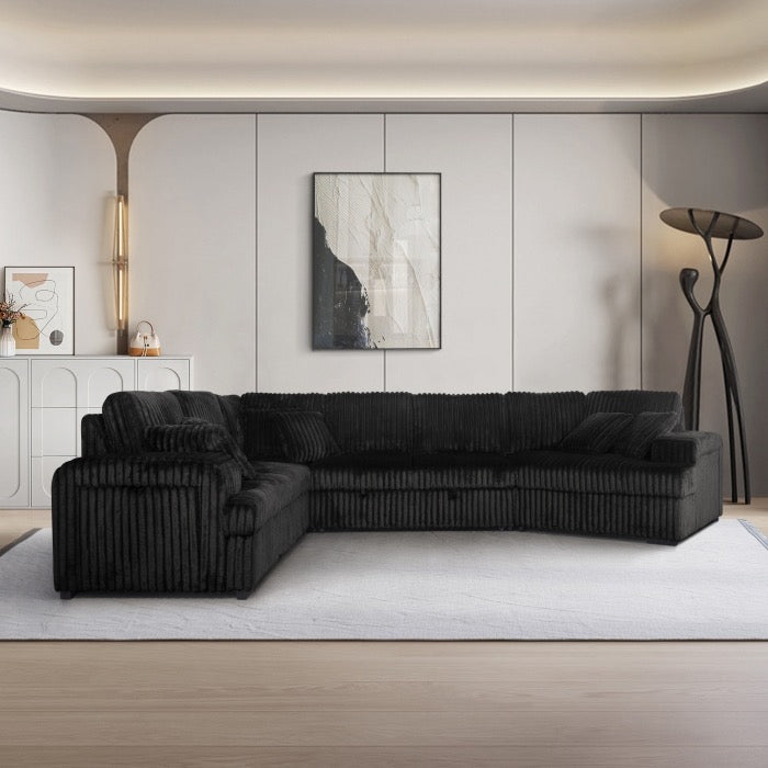 Fabric Half U-Shaped Pull Out Sectional Sofa w/ Storage Armrest w/ USB + Pillows