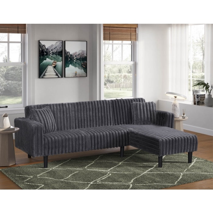 Fabric Reversible Click Clack Sectional Sofa w/ USB & Pillows