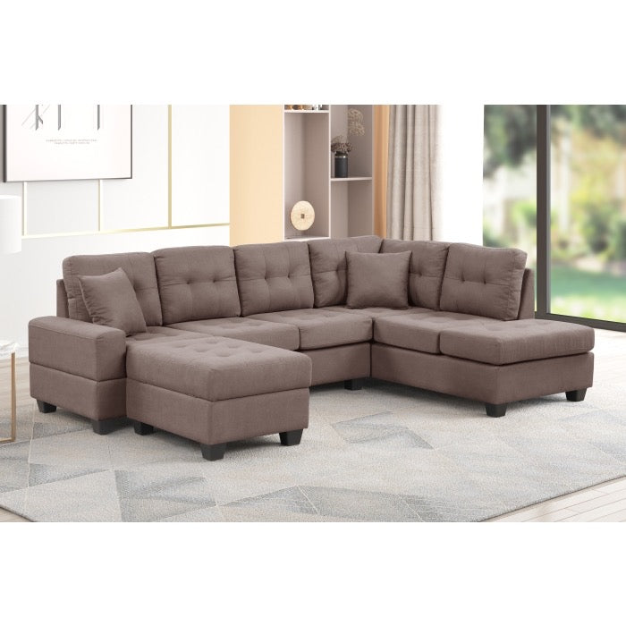 DARK BROWN Fabric Reversible Sectional Sofa & Ottoman w/ Throw Pillows