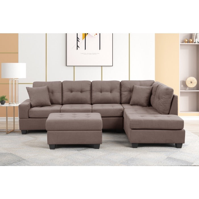 DARK BROWN Fabric Reversible Sectional Sofa & Ottoman w/ Throw Pillows