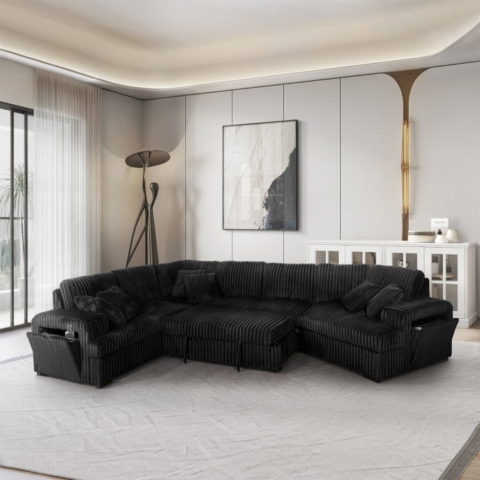 Fabric Half U-Shaped Pull Out Sectional Sofa w/ Storage Armrest w/ USB + Pillows