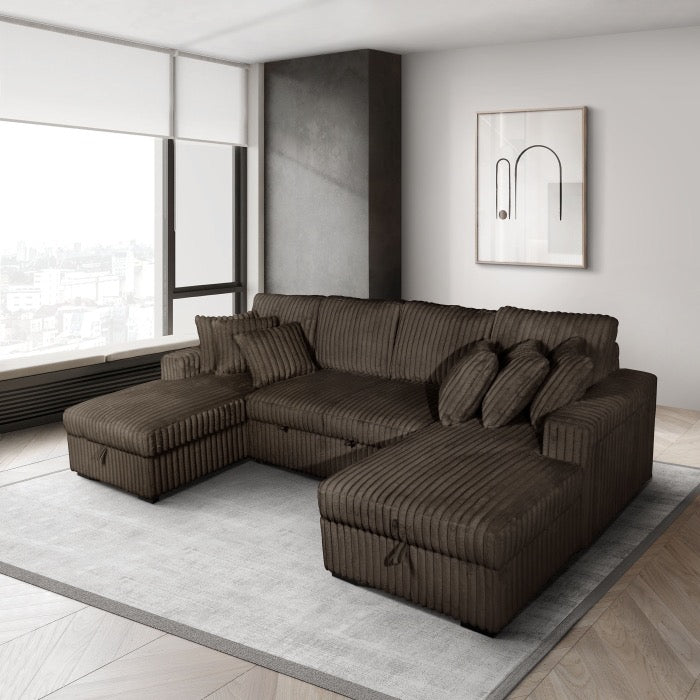 Corduroy U-Shaped Pull Out Sectional Sofa w/ Storage Chaises w/ USB + Pillows