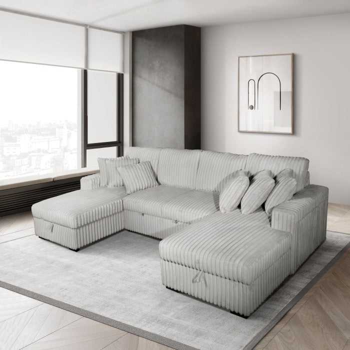 Corduroy U-Shaped Pull Out Sectional Sofa w/ Storage Chaises w/ USB + Pillows