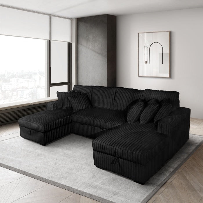 Corduroy U-Shaped Pull Out Sectional Sofa w/ Storage Chaises w/ USB + Pillows