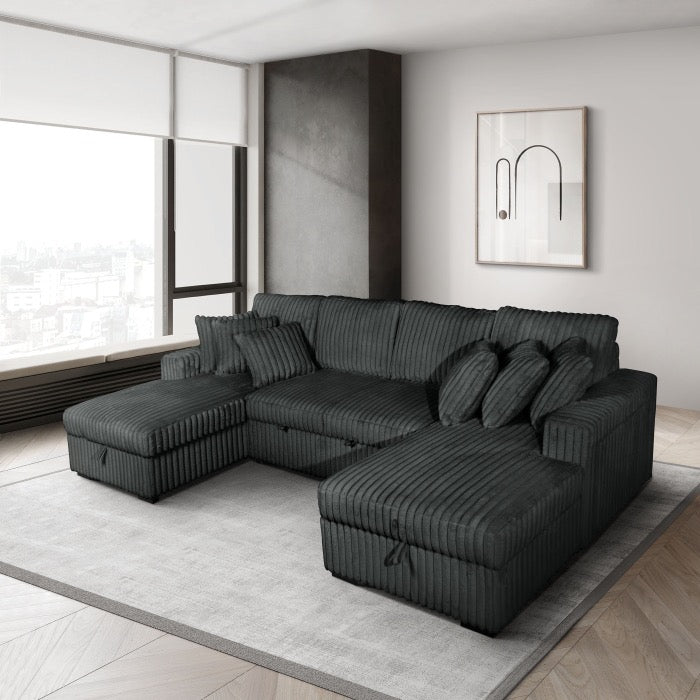 Corduroy U-Shaped Pull Out Sectional Sofa w/ Storage Chaises w/ USB + Pillows