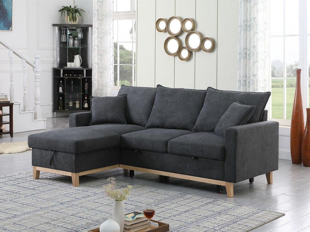 Colton 84.25" Dark Gray Woven Reversible Sleeper Sectional Sofa with Storage Chaise