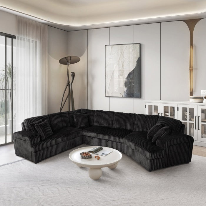 Fabric Half U-Shaped Pull Out Sectional Sofa w/ Storage Armrest w/ USB + Pillows