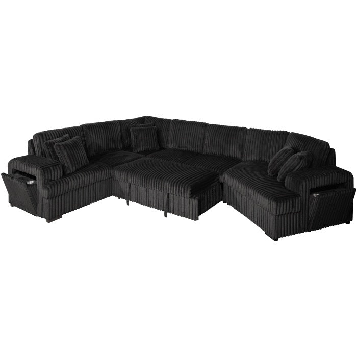Fabric Half U-Shaped Pull Out Sectional Sofa w/ Storage Armrest w/ USB + Pillows