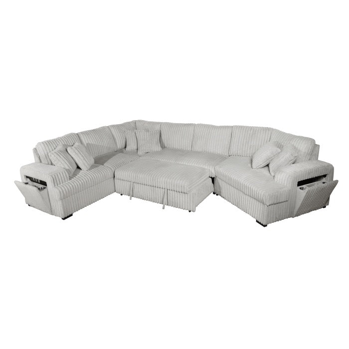 Fabric Half U-Shaped Pull Out Sectional Sofa w/ Storage Armrest w/ USB + Pillows