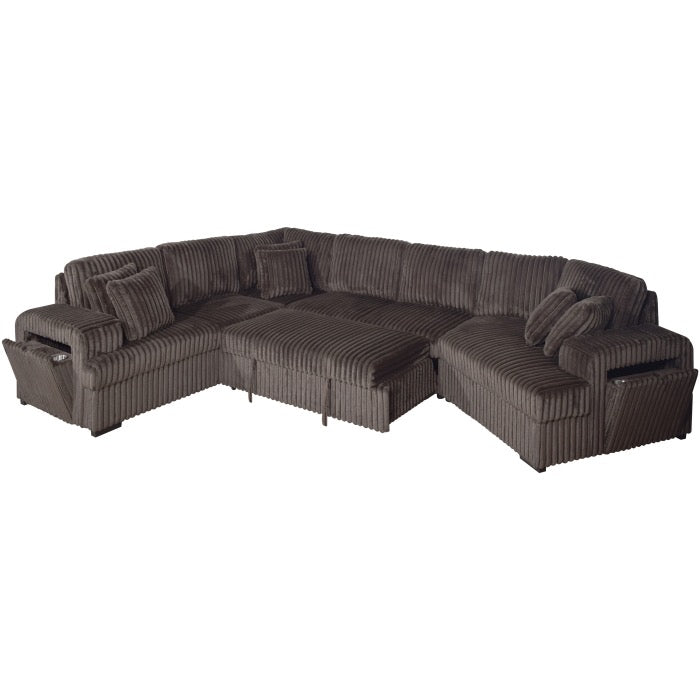 Fabric Half U-Shaped Pull Out Sectional Sofa w/ Storage Armrest w/ USB + Pillows