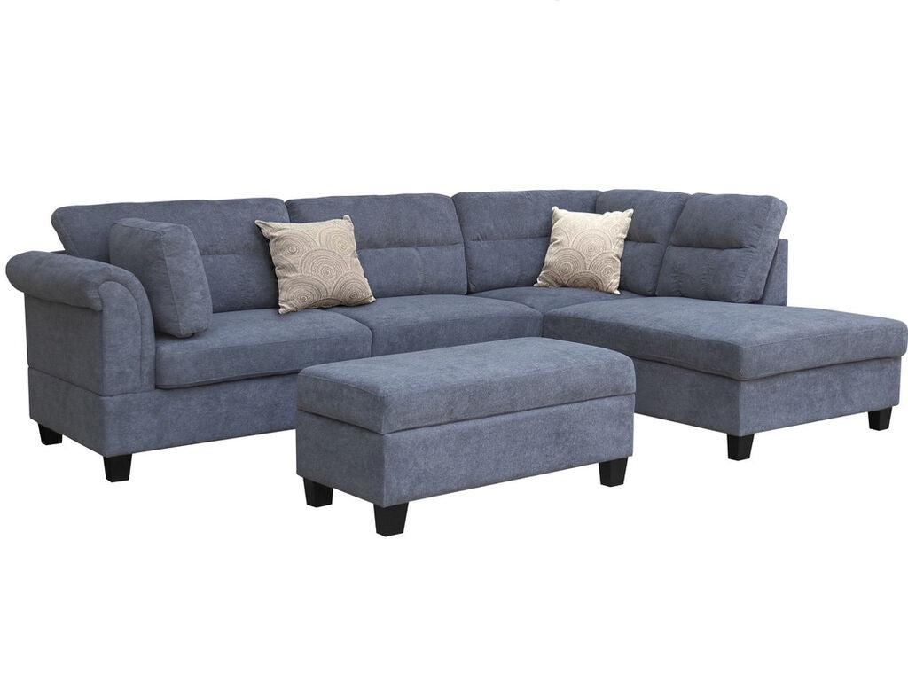 Gray Fabric Sectional Sofa with Right Facing Chaise, Storage Ottoman, and 2 Accent Pillows